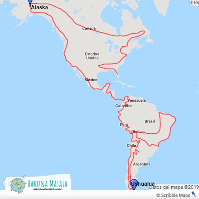 Mapa con el recorrido de Ushuaia con Alaska