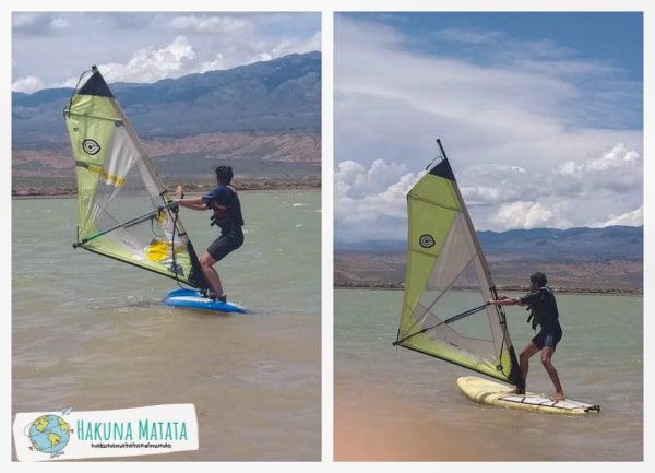 Caro y Santi haciendo windsurf