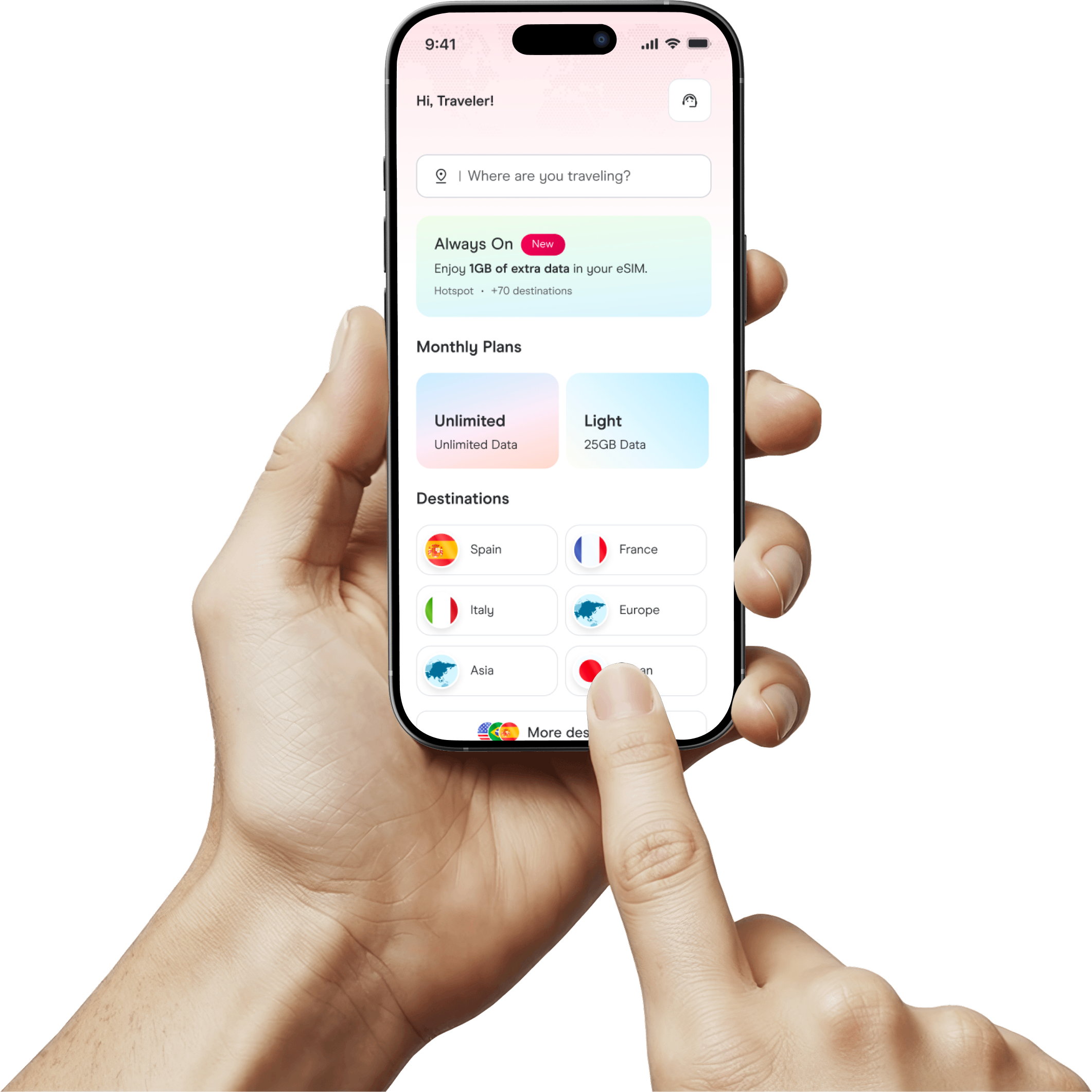 Captura de la app de Holafly mostrando la suscripción mensual de Holafly Plans y Always On.